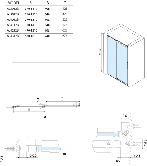Polysan ALTIS BLACK posuvné dveře 1370-1410mm, výška 2000mm, čiré sklo AL4112B