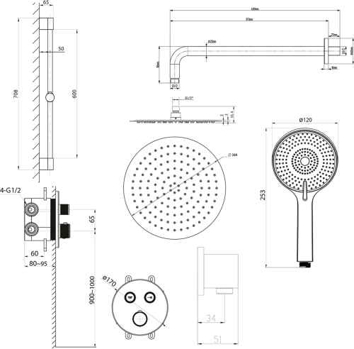 Sapho SMART SELECT podomítkový sprchový set s termostatickou baterií, 2 výstupy, posuvný držák sprchy, zlato mat RP032GB-02